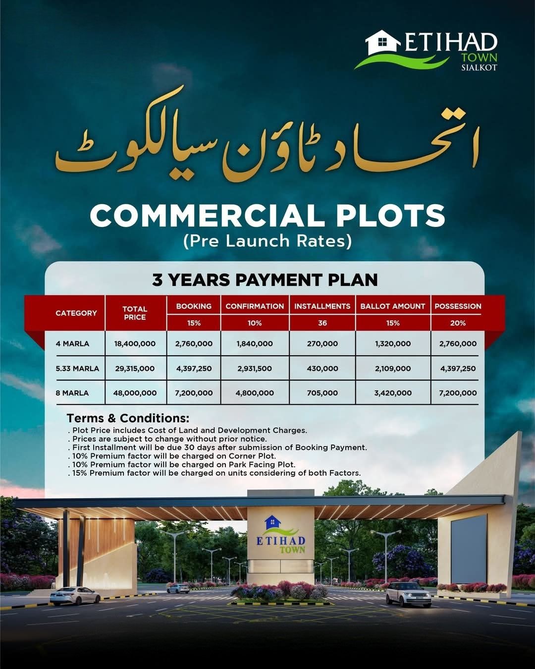 Etihad Town Sialkot Commercial Plot Payment Plan